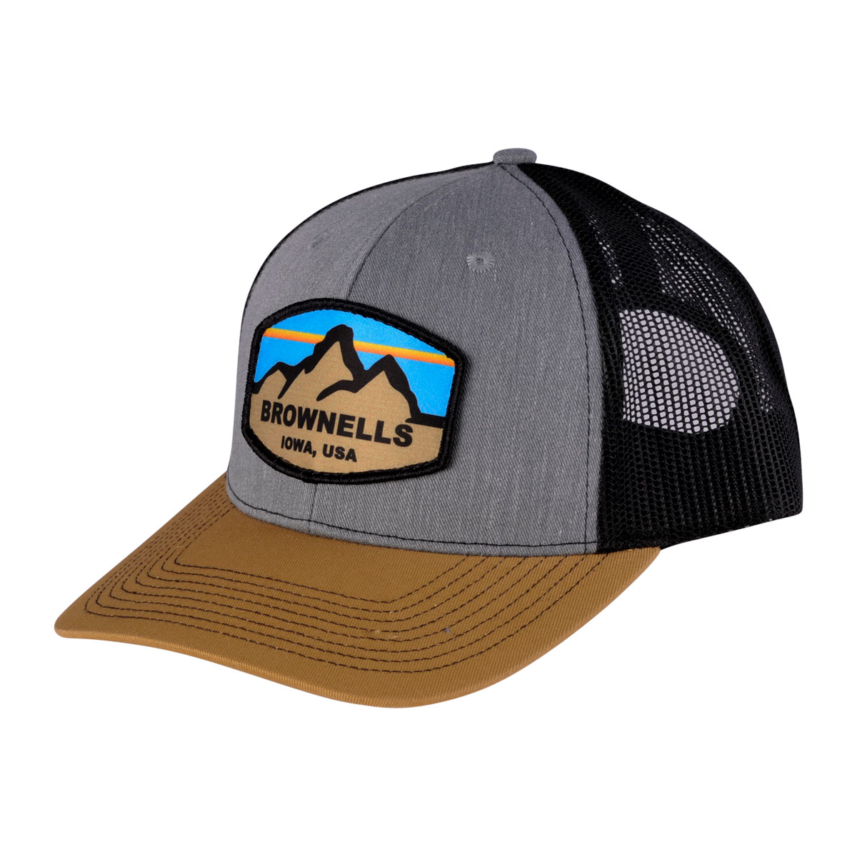 BROWNELLS - GRAY HAT W/ BLACK MESH, GOLD BILL, & PATCH