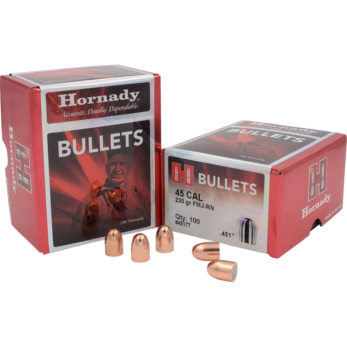 HORNADY - FULL METAL JACKET 45 CALIBER (0.451") ROUND NOSE HANDGUN BULLETS