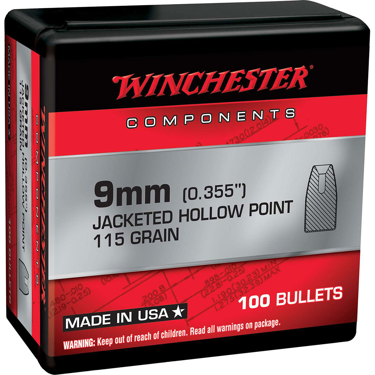 WINCHESTER - JACKETED HOLLOW POINT NOTCHED 9MM (0.355") JHPN HANDGUN BULLETS